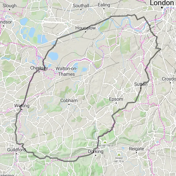 Map miniature of "Sutton to Chelsea Road Route" cycling inspiration in Outer London — South, United Kingdom. Generated by Tarmacs.app cycling route planner