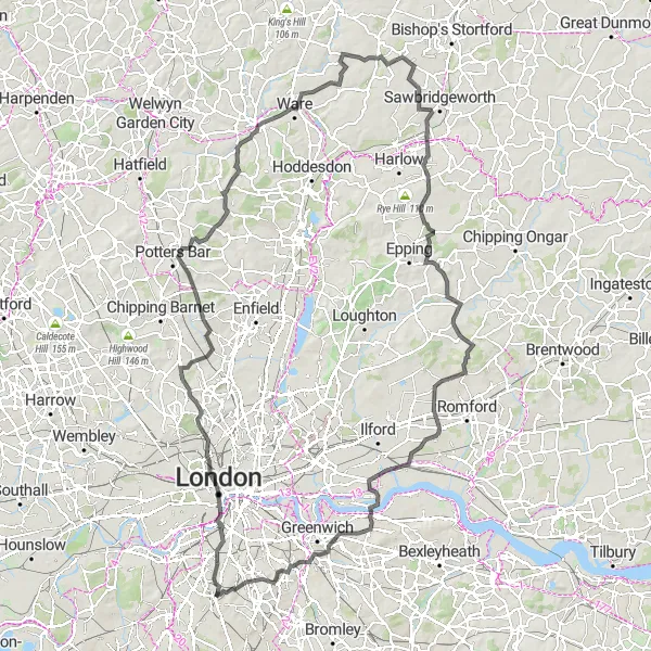 Map miniature of "Norbury to Hertford Loop" cycling inspiration in Outer London — South, United Kingdom. Generated by Tarmacs.app cycling route planner