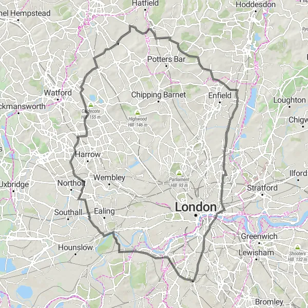 Map miniature of "Norbury to Tower Bridge Loop" cycling inspiration in Outer London — South, United Kingdom. Generated by Tarmacs.app cycling route planner