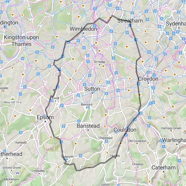 Map miniature of "Coulsdon to Wimbledon Road Route" cycling inspiration in Outer London — South, United Kingdom. Generated by Tarmacs.app cycling route planner