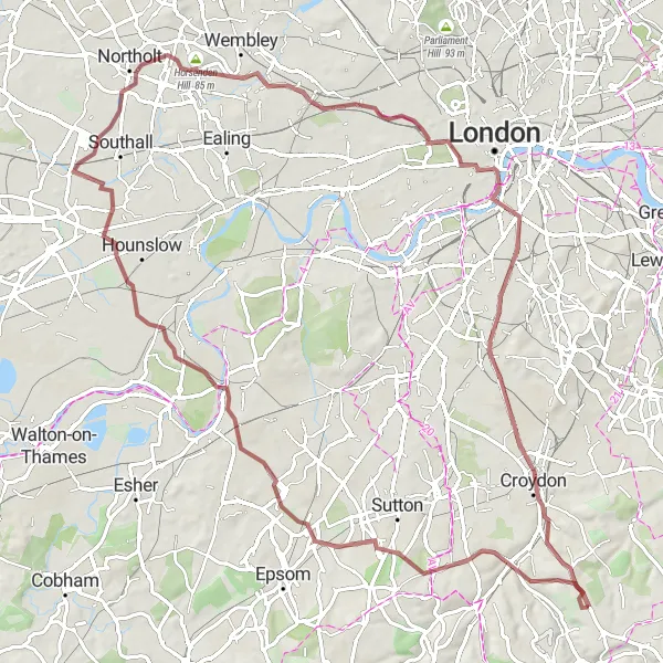 Map miniature of "Hidden Gravel Trails" cycling inspiration in Outer London — South, United Kingdom. Generated by Tarmacs.app cycling route planner