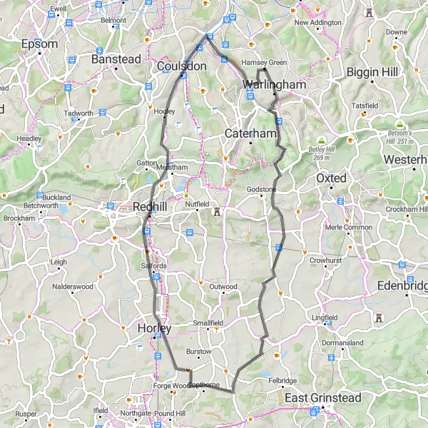 Map miniature of "Road Cycling Bliss" cycling inspiration in Outer London — South, United Kingdom. Generated by Tarmacs.app cycling route planner