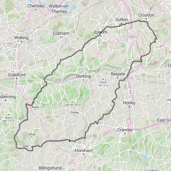 Map miniature of "Surrey Explorer" cycling inspiration in Outer London — South, United Kingdom. Generated by Tarmacs.app cycling route planner