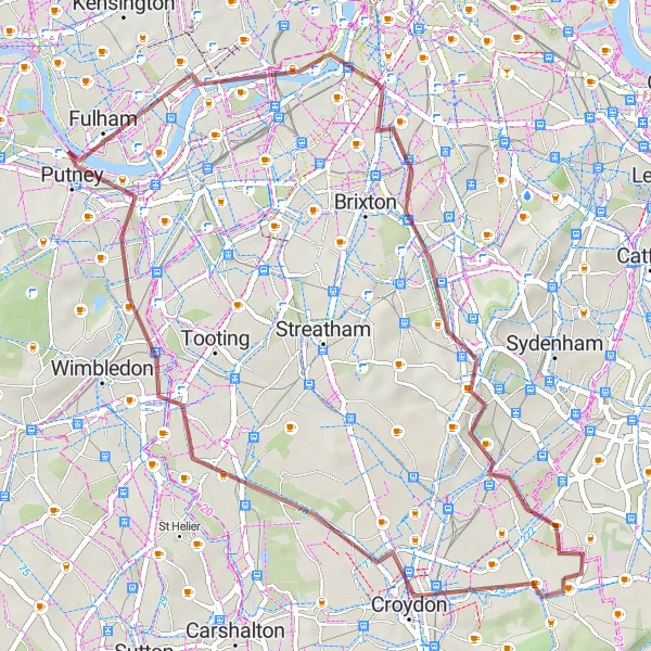 Map miniature of "Discovering Gravel Paths" cycling inspiration in Outer London — South, United Kingdom. Generated by Tarmacs.app cycling route planner