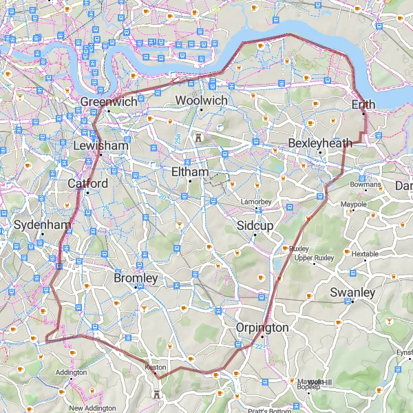 Map miniature of "Greenwich to Hayes Circular Gravel Cycling Route" cycling inspiration in Outer London — South, United Kingdom. Generated by Tarmacs.app cycling route planner