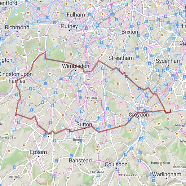 Map miniature of "Croydon to Wimbledon Gravel Cycling Route" cycling inspiration in Outer London — South, United Kingdom. Generated by Tarmacs.app cycling route planner