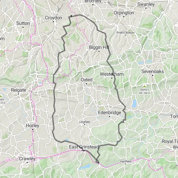 Map miniature of "Darwin's Country Escape" cycling inspiration in Outer London — South, United Kingdom. Generated by Tarmacs.app cycling route planner