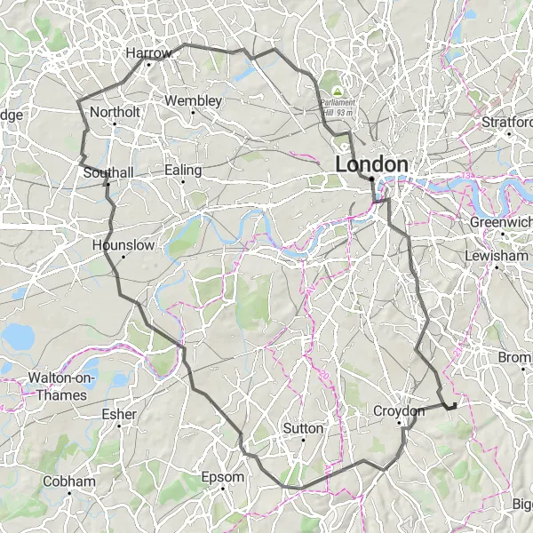 Map miniature of "Historical Landmarks Expedition" cycling inspiration in Outer London — South, United Kingdom. Generated by Tarmacs.app cycling route planner