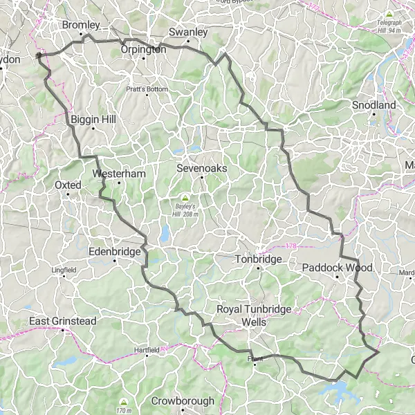 Map miniature of "Orpington to Addington Circular Road Cycling Route" cycling inspiration in Outer London — South, United Kingdom. Generated by Tarmacs.app cycling route planner