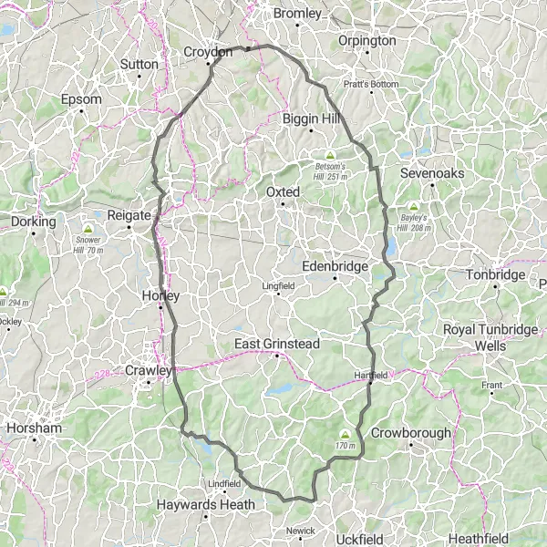 Map miniature of "Darwin's Delight" cycling inspiration in Outer London — South, United Kingdom. Generated by Tarmacs.app cycling route planner