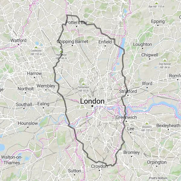 Map miniature of "London Loop Adventure" cycling inspiration in Outer London — South, United Kingdom. Generated by Tarmacs.app cycling route planner