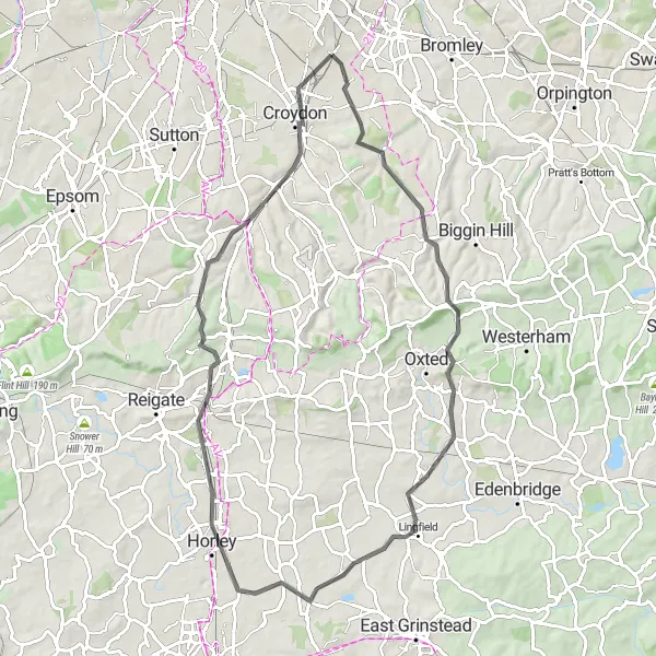 Map miniature of "Addington Circuit" cycling inspiration in Outer London — South, United Kingdom. Generated by Tarmacs.app cycling route planner