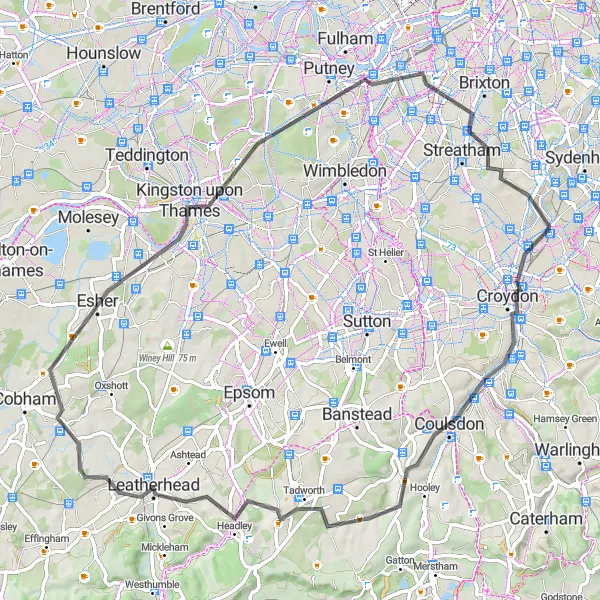 Map miniature of "Leatherhead Loop" cycling inspiration in Outer London — South, United Kingdom. Generated by Tarmacs.app cycling route planner