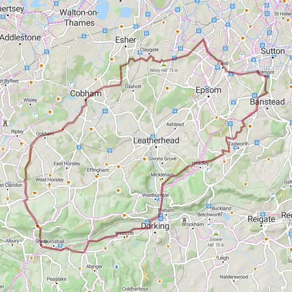 Map miniature of "Burgh Heath and Shere Escape" cycling inspiration in Outer London — South, United Kingdom. Generated by Tarmacs.app cycling route planner