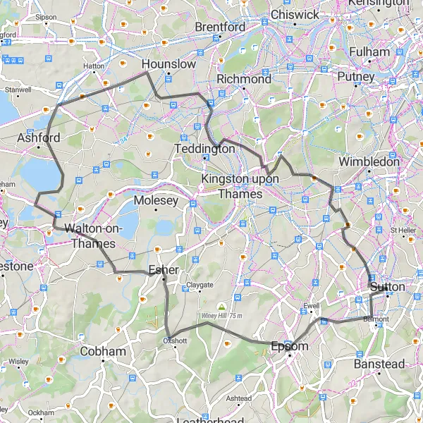 Map miniature of "The Rushett and Twickenham Loop" cycling inspiration in Outer London — South, United Kingdom. Generated by Tarmacs.app cycling route planner