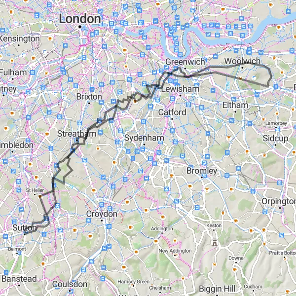 Map miniature of "Hidden Hills" cycling inspiration in Outer London — South, United Kingdom. Generated by Tarmacs.app cycling route planner