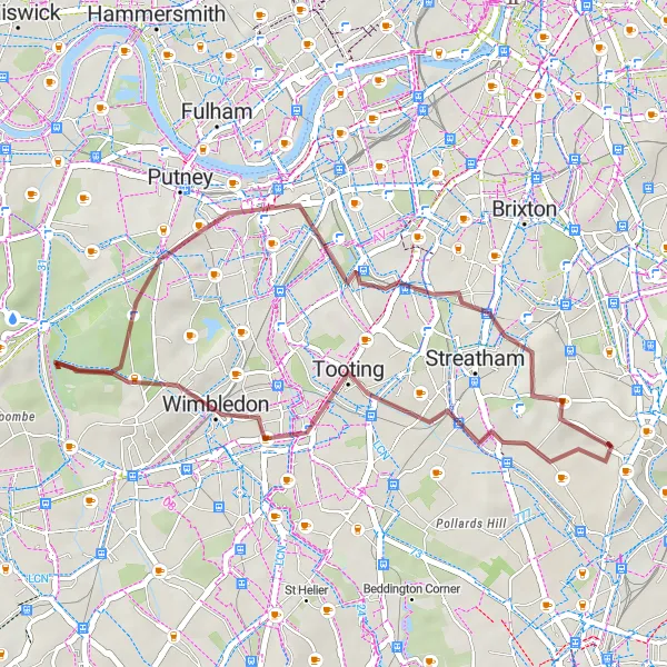 Map miniature of "Wandsworth Gravel Adventure" cycling inspiration in Outer London — South, United Kingdom. Generated by Tarmacs.app cycling route planner