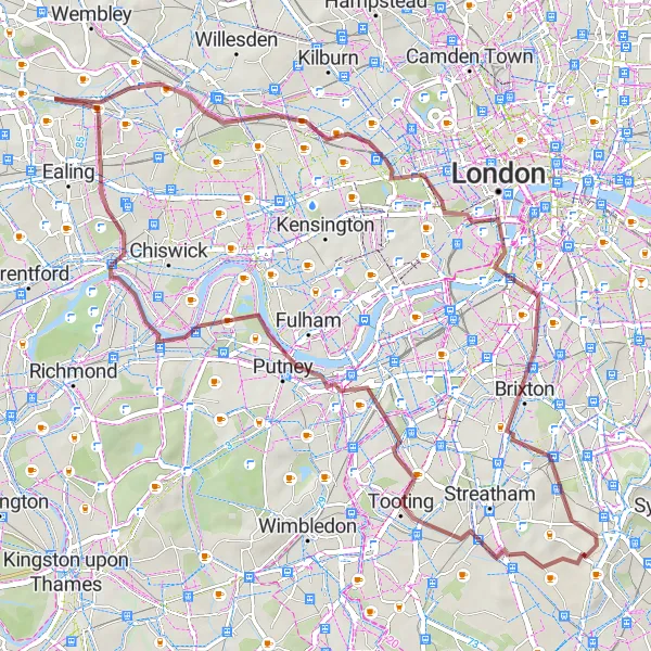 Map miniature of "Wandsworth Loop" cycling inspiration in Outer London — South, United Kingdom. Generated by Tarmacs.app cycling route planner