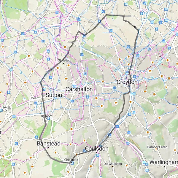 Map miniature of "Coulsdon Loop" cycling inspiration in Outer London — South, United Kingdom. Generated by Tarmacs.app cycling route planner