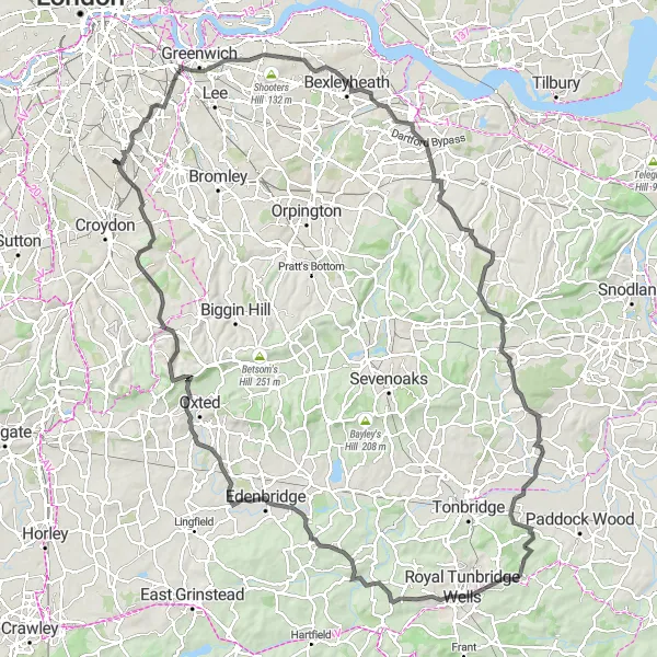 Map miniature of "The Ultimate Hill Challenge" cycling inspiration in Outer London — South, United Kingdom. Generated by Tarmacs.app cycling route planner