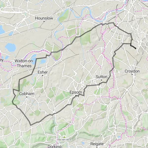 Map miniature of "The Hackbridge Loop" cycling inspiration in Outer London — South, United Kingdom. Generated by Tarmacs.app cycling route planner