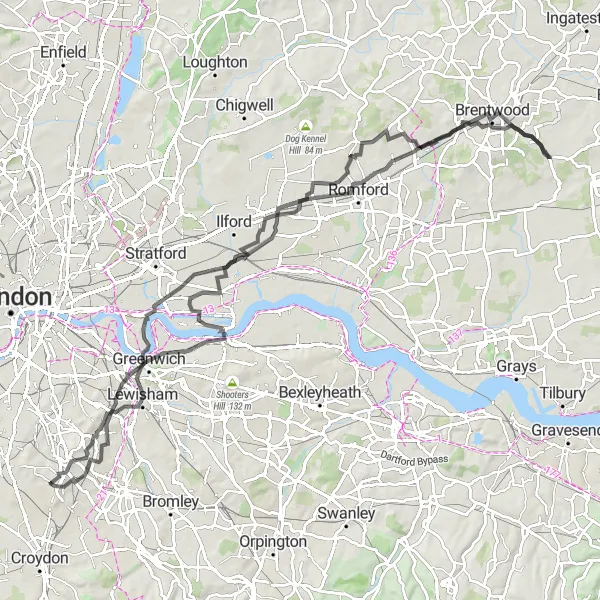 Map miniature of "South London Explorer" cycling inspiration in Outer London — South, United Kingdom. Generated by Tarmacs.app cycling route planner