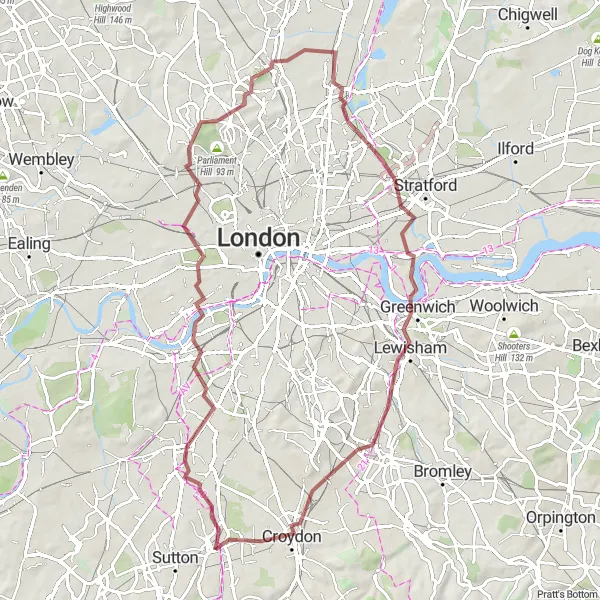 Map miniature of "Gravel Adventure in South London" cycling inspiration in Outer London — South, United Kingdom. Generated by Tarmacs.app cycling route planner