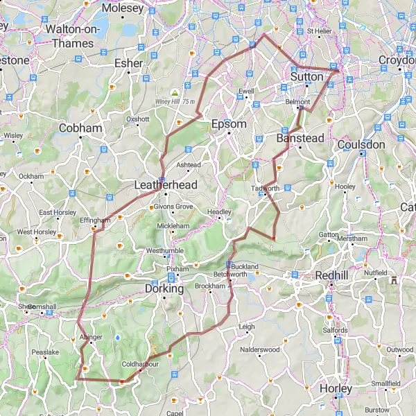 Map miniature of "The Surrey Hills Gravel Loop" cycling inspiration in Outer London — South, United Kingdom. Generated by Tarmacs.app cycling route planner