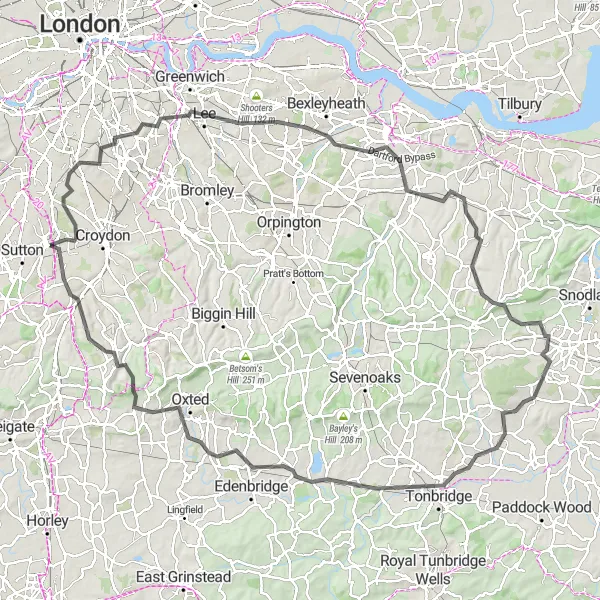 Map miniature of "The Road Adventure to Caterham" cycling inspiration in Outer London — South, United Kingdom. Generated by Tarmacs.app cycling route planner