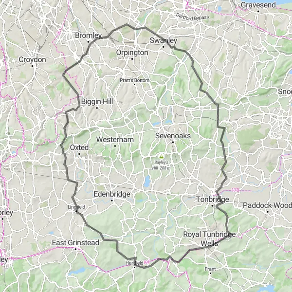 Map miniature of "The Chislehurst Challenge" cycling inspiration in Outer London — South, United Kingdom. Generated by Tarmacs.app cycling route planner