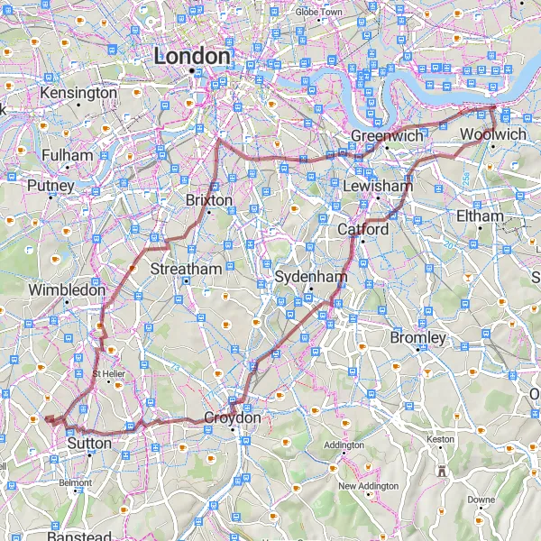 Map miniature of "The Neighbourhood Gravel Explorations" cycling inspiration in Outer London — South, United Kingdom. Generated by Tarmacs.app cycling route planner