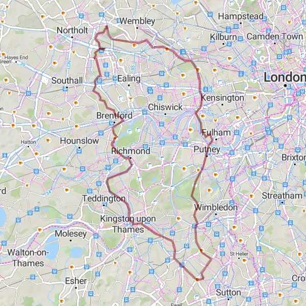 Map miniature of "Worcester Park Gravel Adventure" cycling inspiration in Outer London — South, United Kingdom. Generated by Tarmacs.app cycling route planner