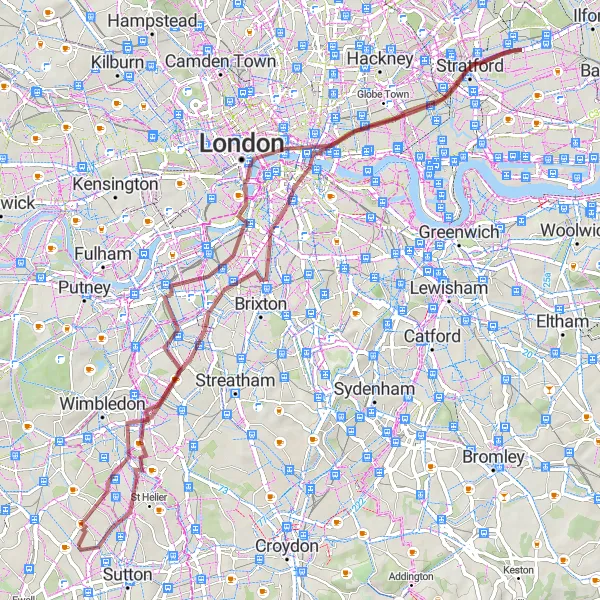 Map miniature of "Tooting to Morden Gravel Ride" cycling inspiration in Outer London — South, United Kingdom. Generated by Tarmacs.app cycling route planner