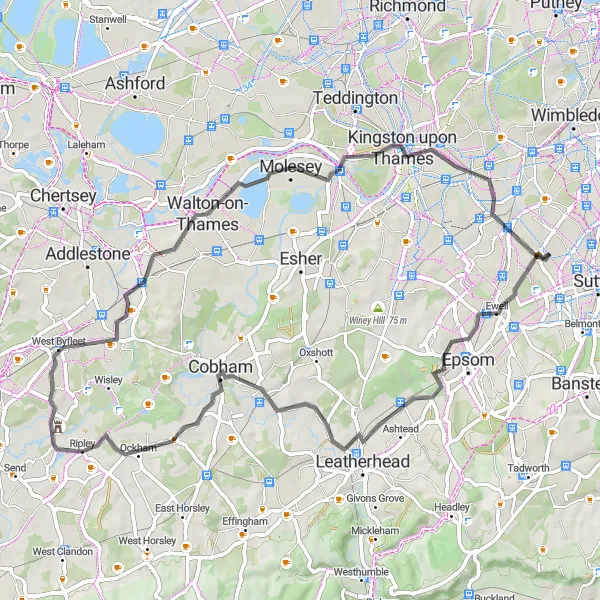 Map miniature of "Ewell to Ripley Circular Route" cycling inspiration in Outer London — South, United Kingdom. Generated by Tarmacs.app cycling route planner
