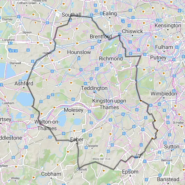 Map miniature of "Ewell to North Cheam Loop" cycling inspiration in Outer London — South, United Kingdom. Generated by Tarmacs.app cycling route planner