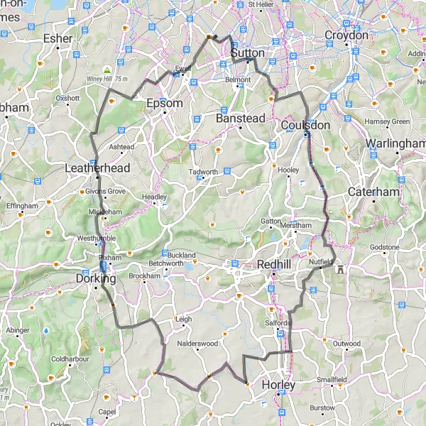 Map miniature of "The Surrey Hills Road Challenge" cycling inspiration in Outer London — South, United Kingdom. Generated by Tarmacs.app cycling route planner