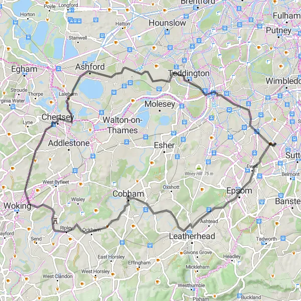 Map miniature of "Stoke D'Abernon to Worcester Park Adventure" cycling inspiration in Outer London — South, United Kingdom. Generated by Tarmacs.app cycling route planner