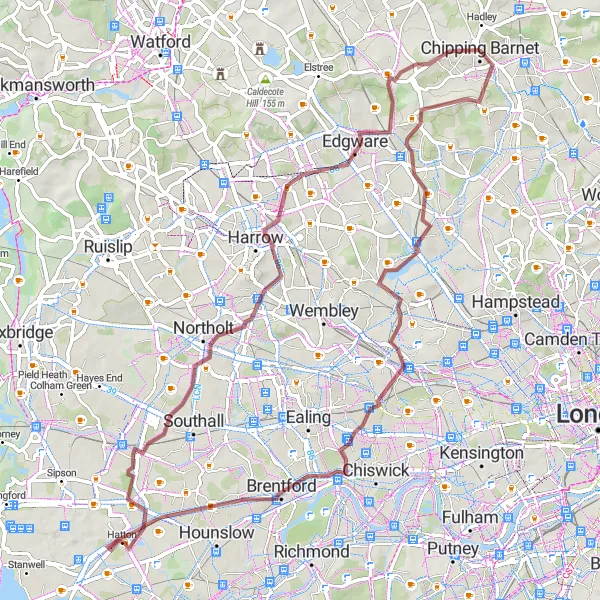 Map miniature of "Gravel Adventure in the North West" cycling inspiration in Outer London — West and North West, United Kingdom. Generated by Tarmacs.app cycling route planner