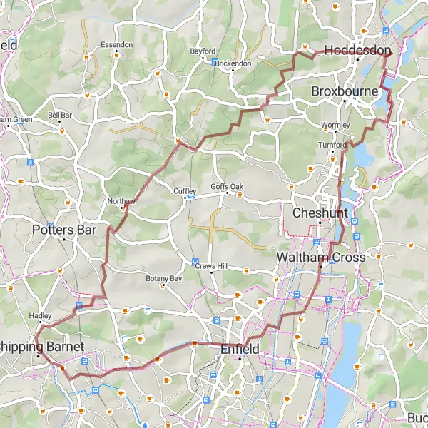 Map miniature of "Barnet to Hoddesdon Gravel Route" cycling inspiration in Outer London — West and North West, United Kingdom. Generated by Tarmacs.app cycling route planner