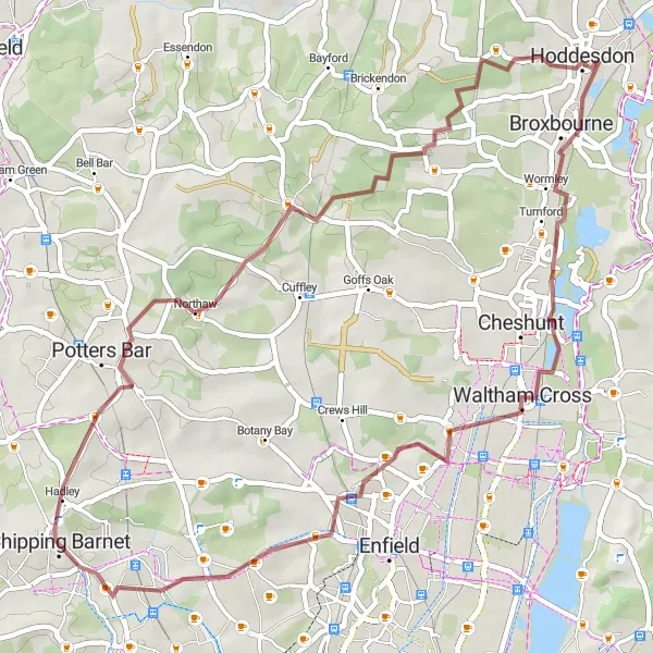 Map miniature of "Barnet to Hoddesdon Gravel Route 2" cycling inspiration in Outer London — West and North West, United Kingdom. Generated by Tarmacs.app cycling route planner