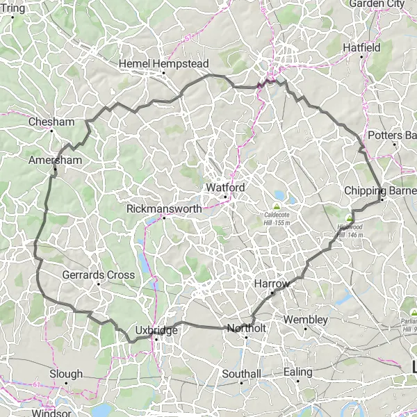 Map miniature of "North West London Epic Ride" cycling inspiration in Outer London — West and North West, United Kingdom. Generated by Tarmacs.app cycling route planner