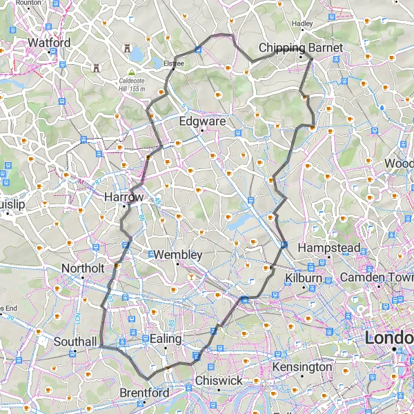 Map miniature of "Barnet to Elstree Road Route" cycling inspiration in Outer London — West and North West, United Kingdom. Generated by Tarmacs.app cycling route planner