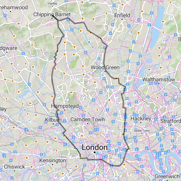 Map miniature of "North London Road Ride" cycling inspiration in Outer London — West and North West, United Kingdom. Generated by Tarmacs.app cycling route planner