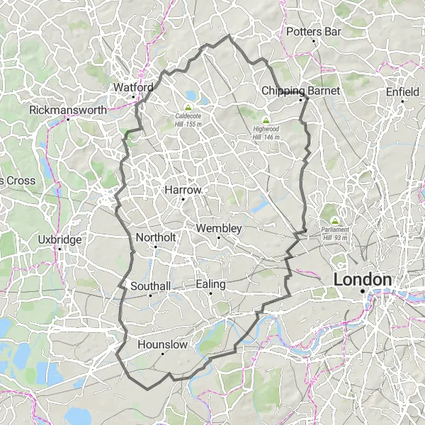 Map miniature of "West London Road Challenge" cycling inspiration in Outer London — West and North West, United Kingdom. Generated by Tarmacs.app cycling route planner