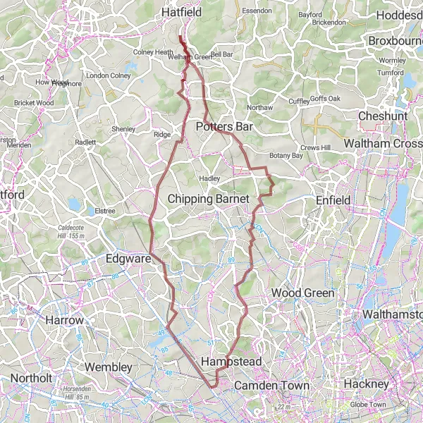 Map miniature of "Cricklewood Gravel Tour" cycling inspiration in Outer London — West and North West, United Kingdom. Generated by Tarmacs.app cycling route planner