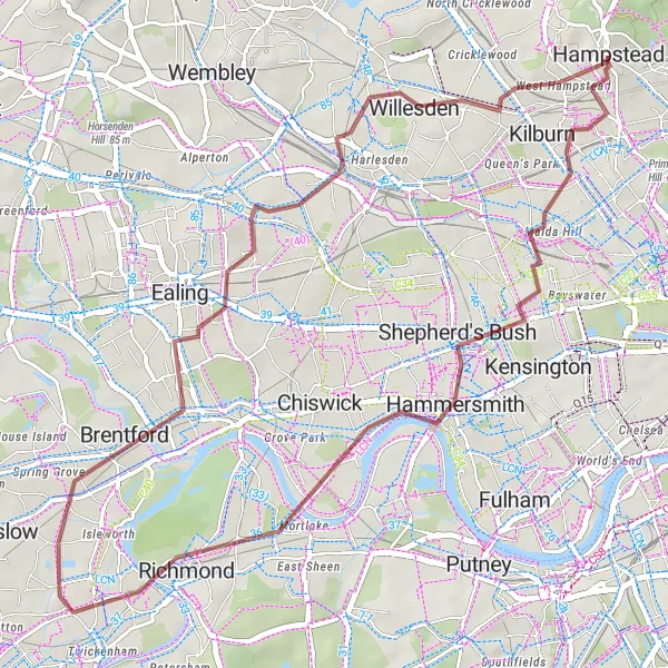 Map miniature of "Urban Gravel Escape" cycling inspiration in Outer London — West and North West, United Kingdom. Generated by Tarmacs.app cycling route planner