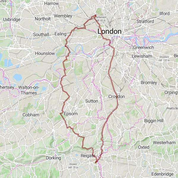 Map miniature of "Northwest London Gravel Adventure" cycling inspiration in Outer London — West and North West, United Kingdom. Generated by Tarmacs.app cycling route planner