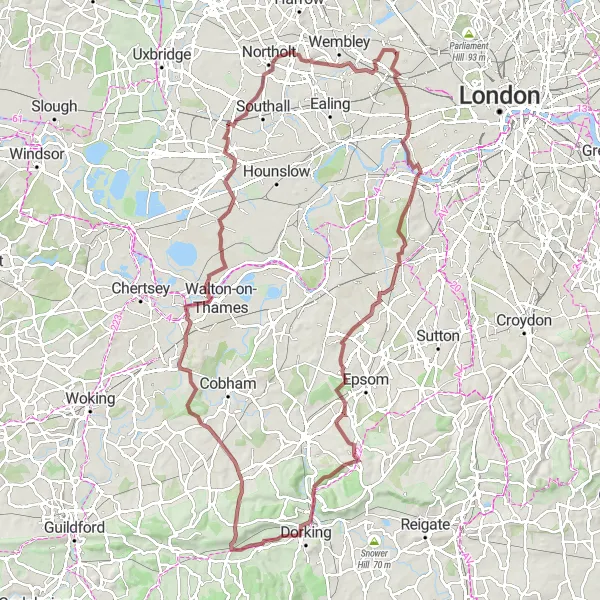 Map miniature of "Rural Gravel Adventure" cycling inspiration in Outer London — West and North West, United Kingdom. Generated by Tarmacs.app cycling route planner