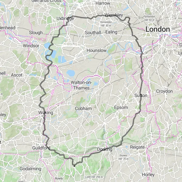 Map miniature of "Surrey Hills Road Cycling Adventure" cycling inspiration in Outer London — West and North West, United Kingdom. Generated by Tarmacs.app cycling route planner