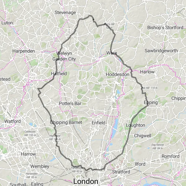 Map miniature of "London's Hertfordshire Highlights" cycling inspiration in Outer London — West and North West, United Kingdom. Generated by Tarmacs.app cycling route planner